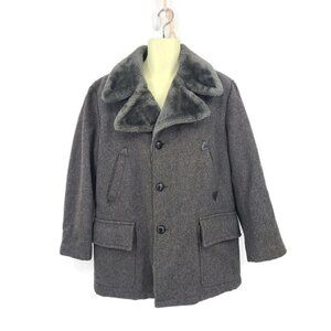 VTG 60s 70s Grey Wool Coat Mens 46? Faux Fur Lining Jacket